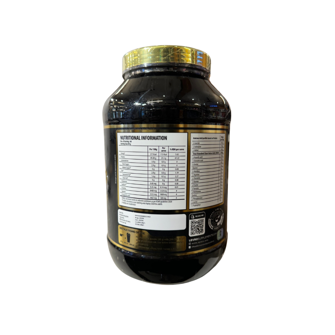 Black supplement container with gold lid on a white background