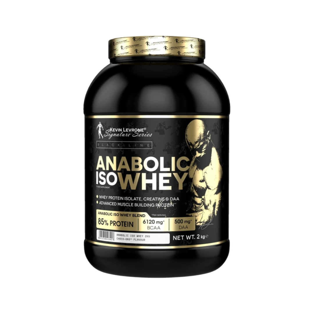 Black and gold protein supplement container with 'Kevin Levrone' branding on a white background