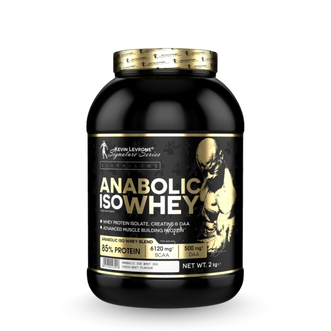 Black and gold container of Anabolic IsoWhey protein powder on a white background