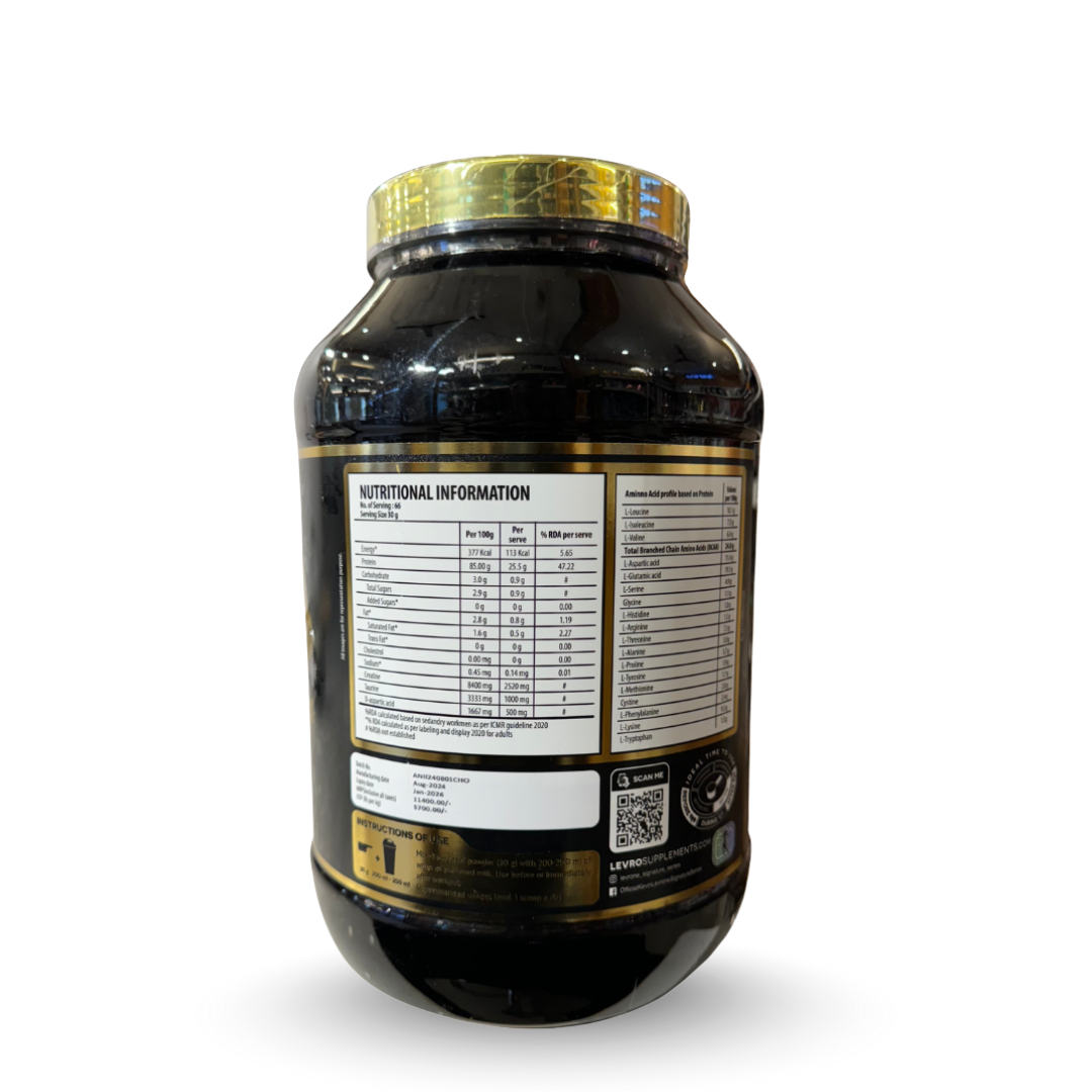 Black supplement container with gold lid on a white background