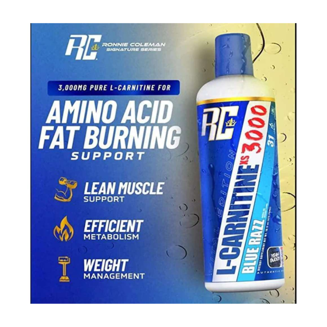 L-Carnitine supplement bottle with packaging displaying benefits on a blue background