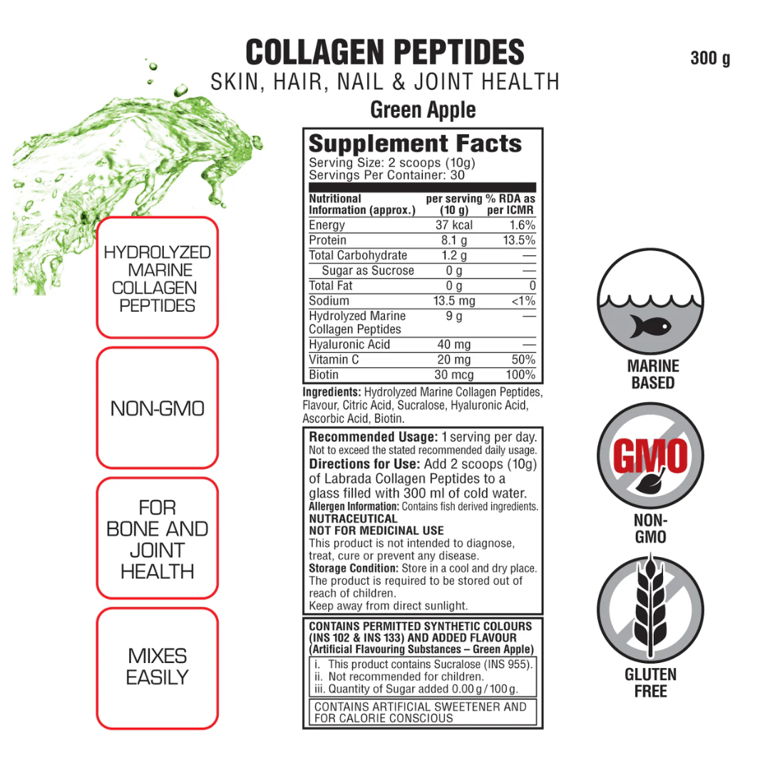 Label for collagen peptides supplement with green apple flavor, featuring supplement facts and health benefits.
