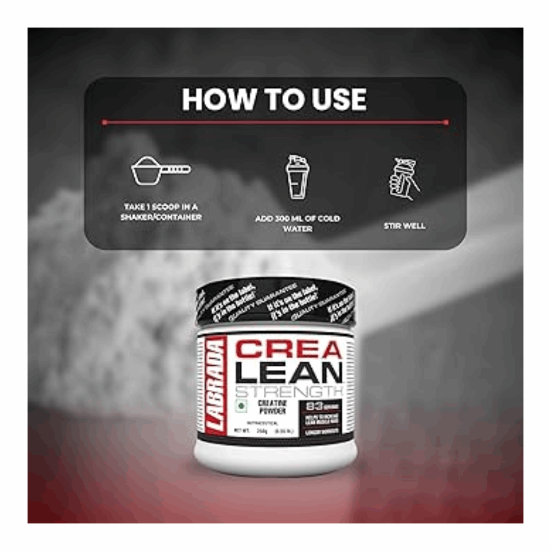 Larrrada Crea Lean Strength supplement container with usage instructions on a blurred background