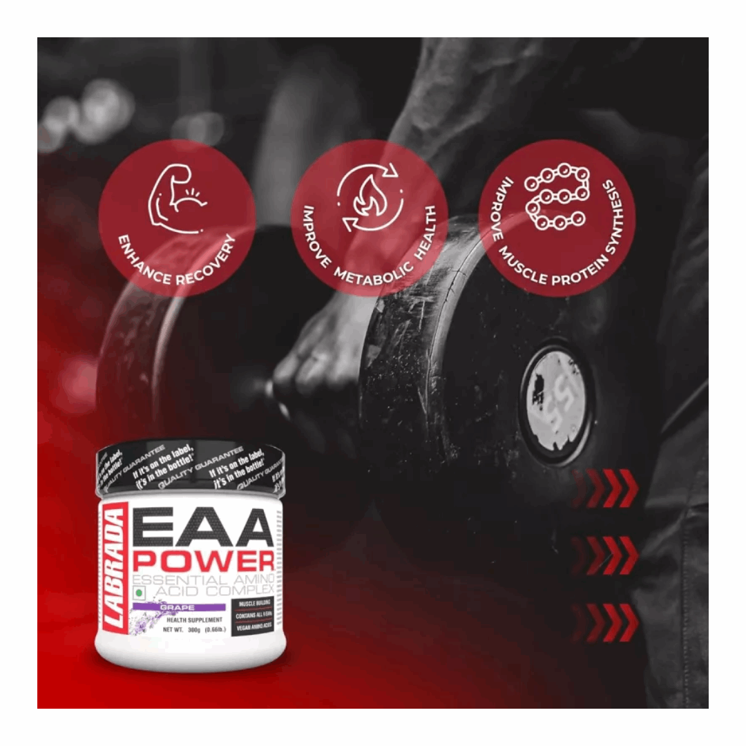Labrada EAA Power supplement container with icons and text on a blurred gym background