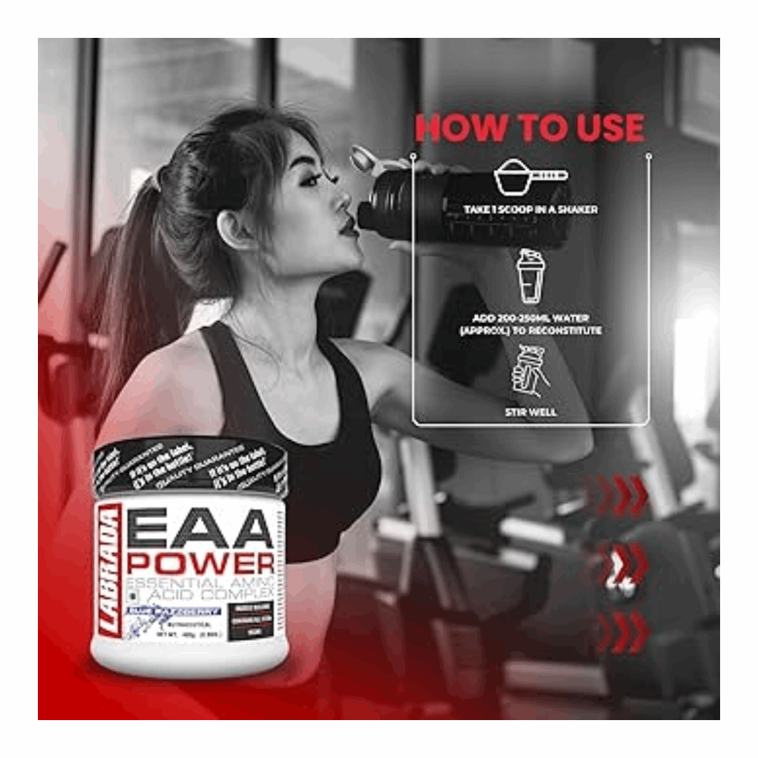 Woman in a gym setting with Labrada EAA Power supplement and usage instructions.