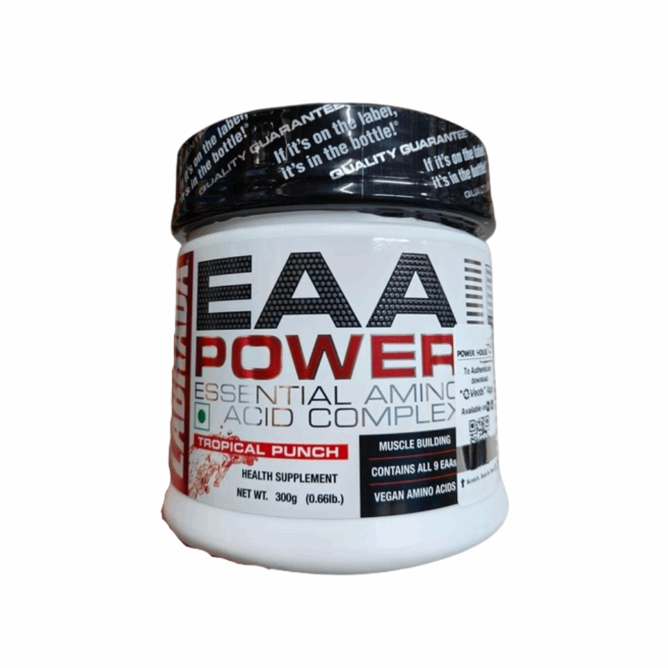 Container of EAA Power Essential Amino Acid Complex with black and white label
