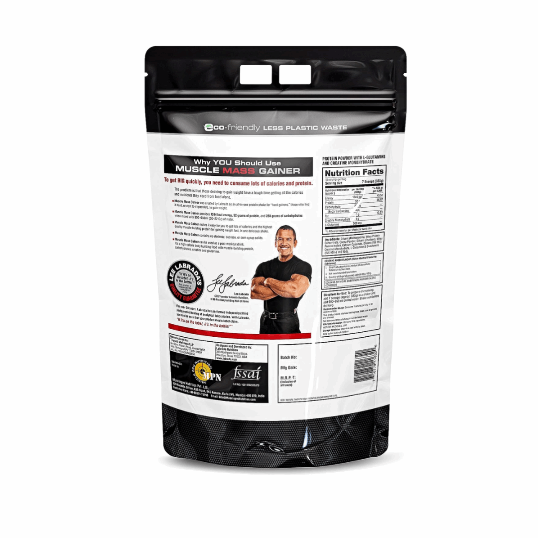 Muscle Mass Gainer supplement package with a person on the label against a white background