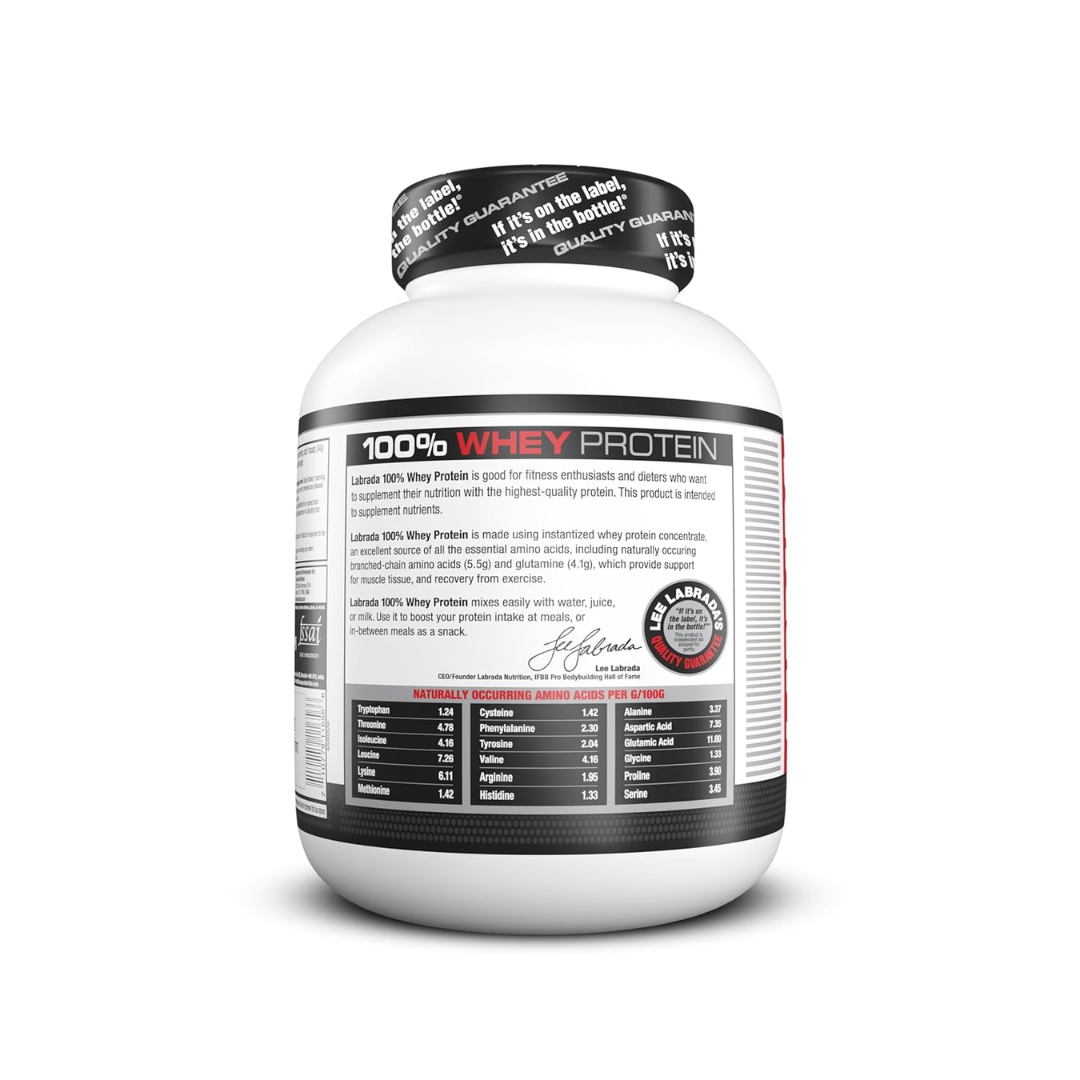 White container of 100% Whey Protein with black label on a white background