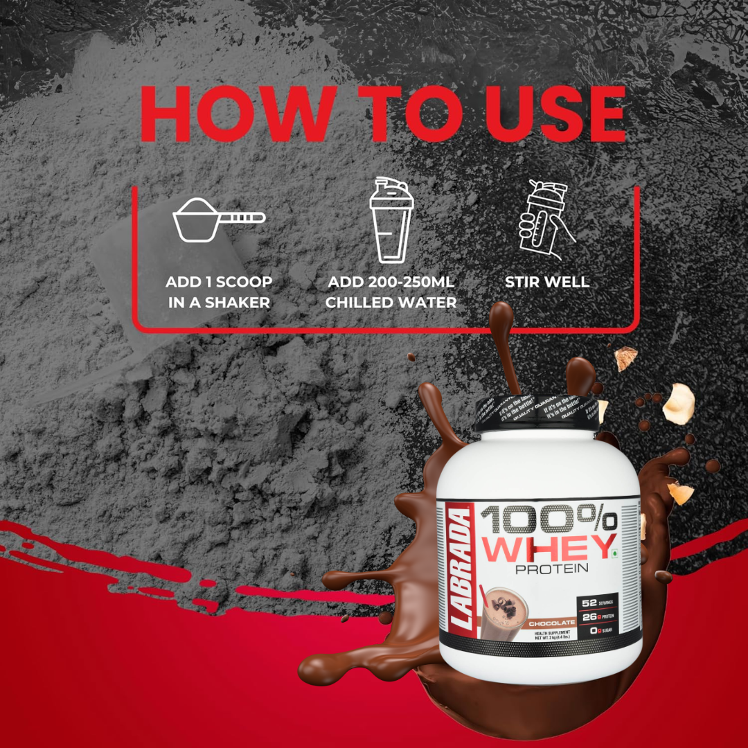 Labrada 100% Whey Protein container with usage instructions on a dark and red background