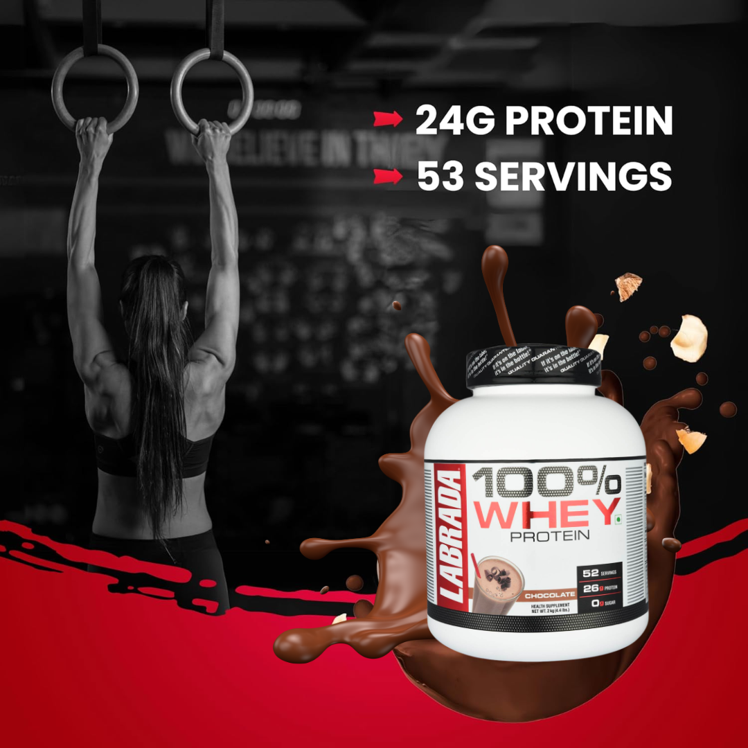 Larrana 100% Whey Protein supplement with a person exercising in the background