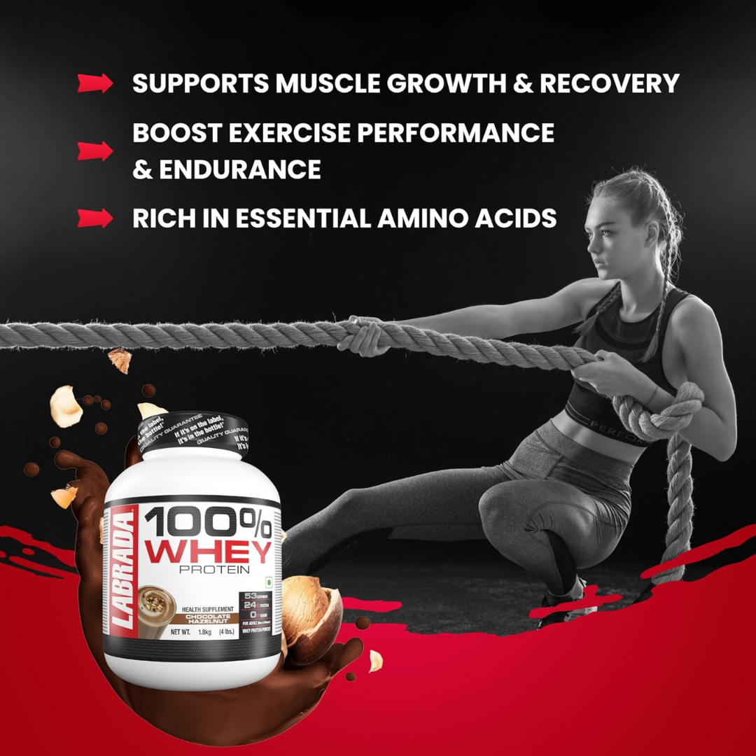 Larabar 100% Whey Protein container with a woman exercising on a rope, text about protein benefits.