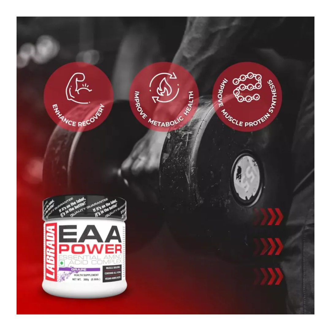 Labrada EAA Power supplement container with icons and text on a blurred gym background