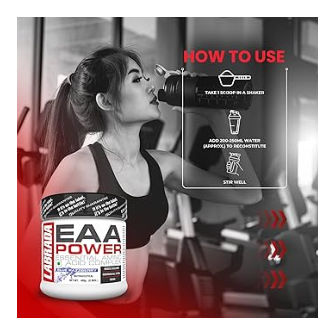 Woman in a gym setting with Labrada EAA Power supplement and usage instructions.