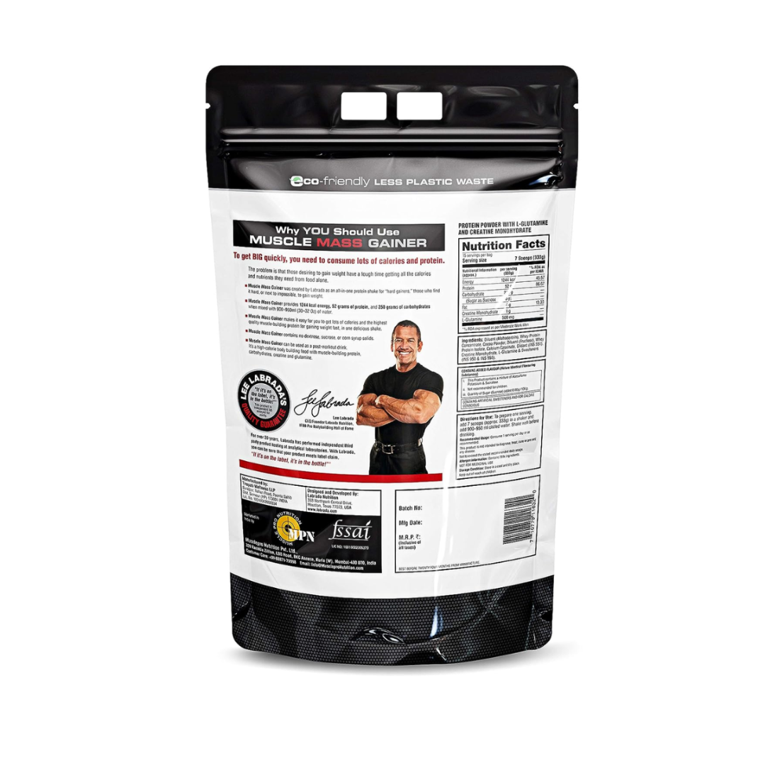 Muscle Mass Gainer supplement package with a person on the label against a white background