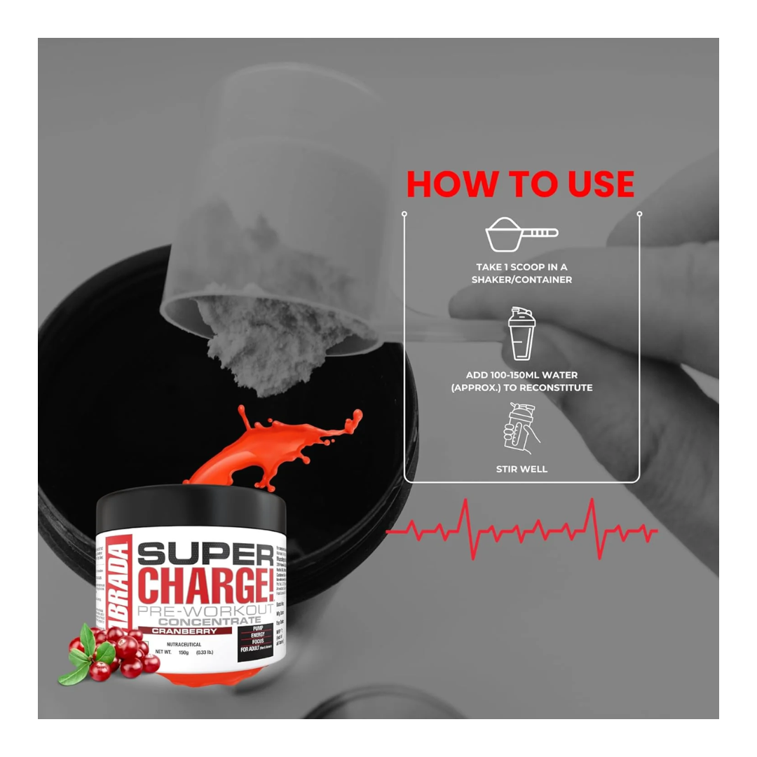 Supplement container labeled 'Super Charge!' with usage instructions on a gray background