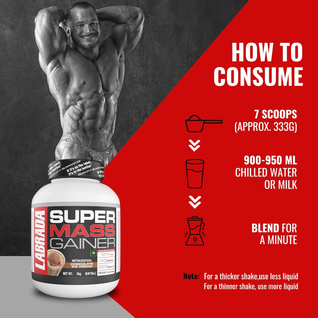 Super Mass Gainer supplement bottle with consumption instructions and a bodybuilder in the background.