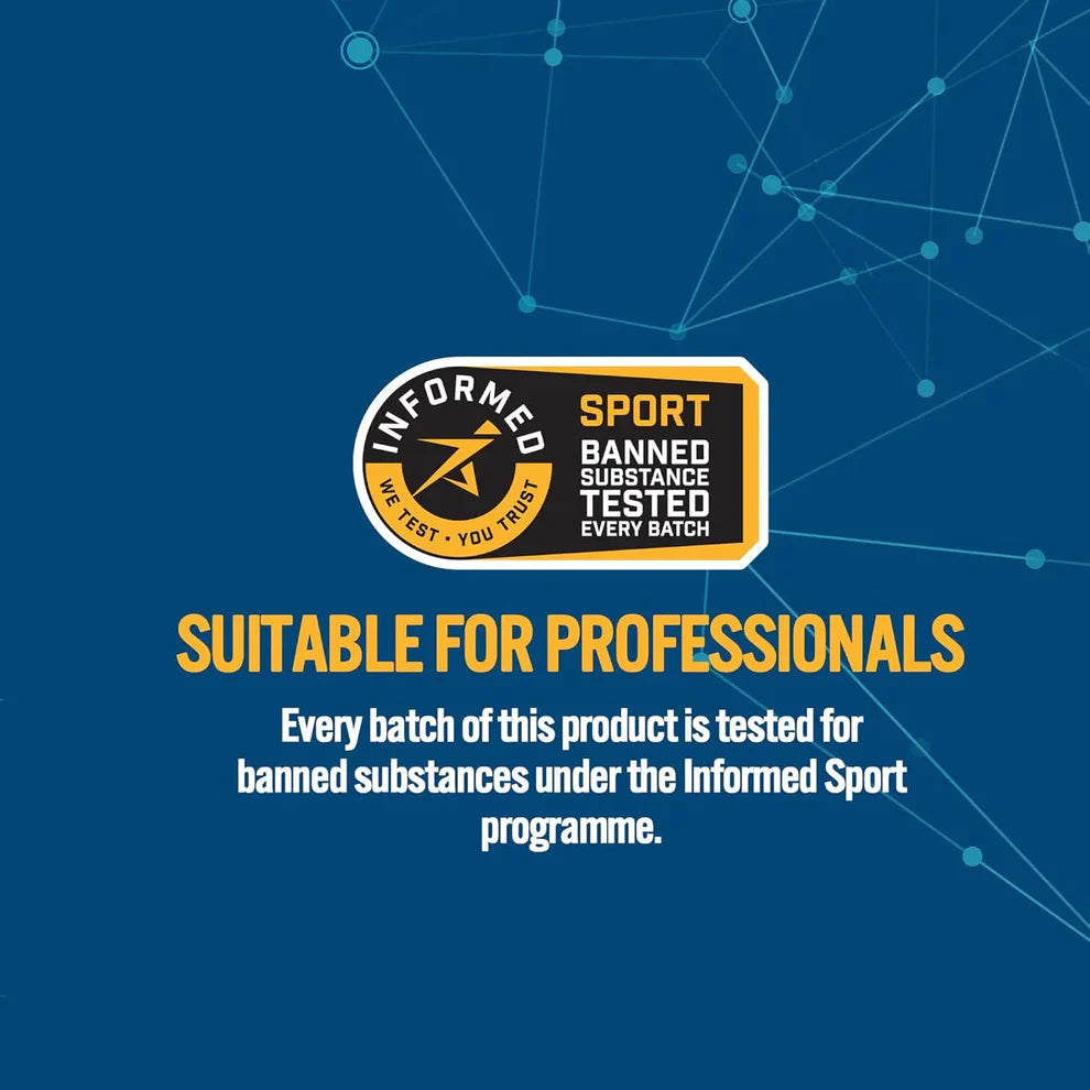 Logo and text about a product tested for banned substances on a blue background with network design.