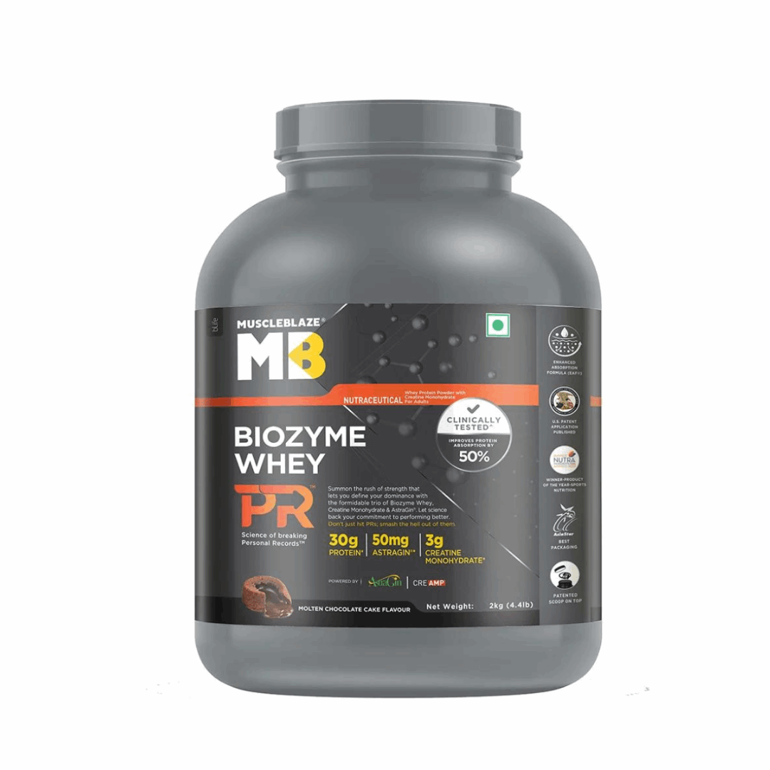 Gray protein supplement container with MB logo on a white background