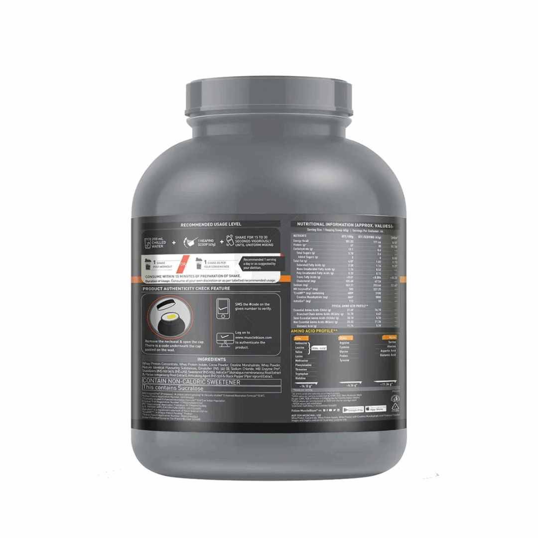 Gray protein supplement container with MB logo on a white background