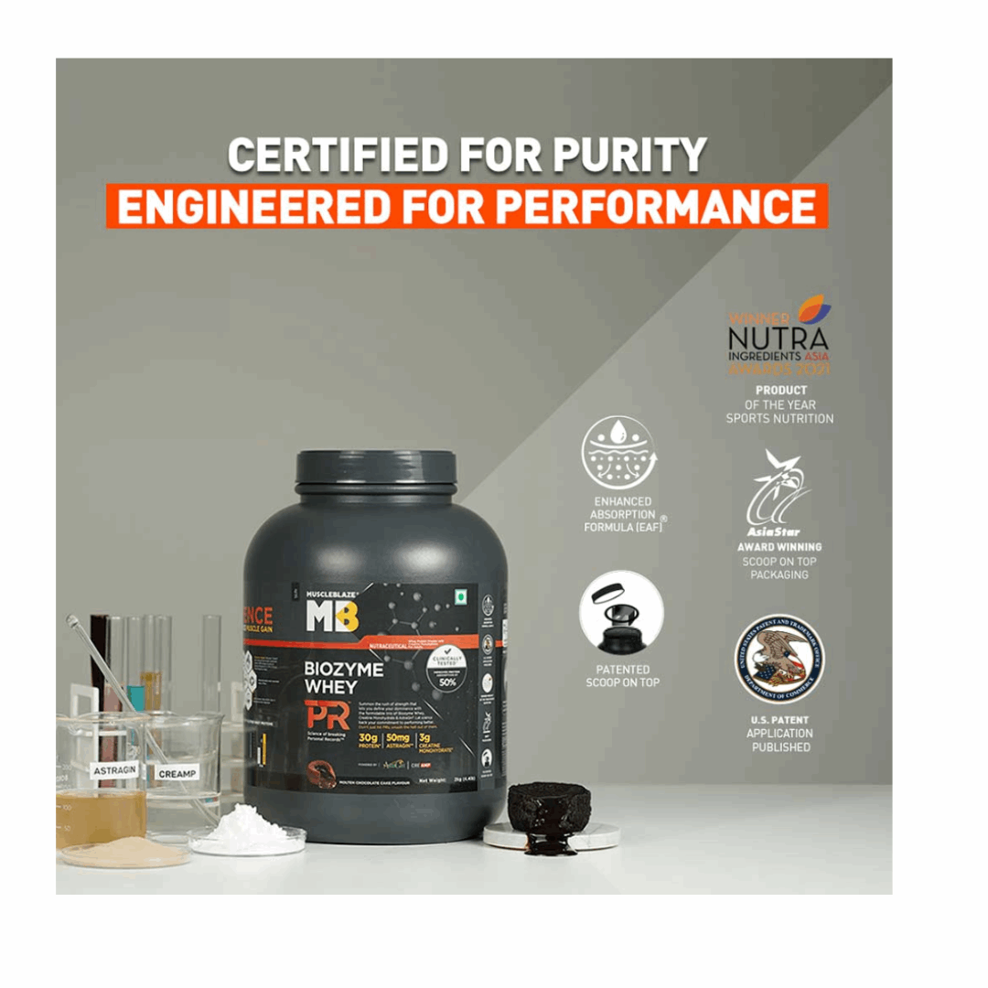 Nutra Biozyme Whey PR supplement container with certification text on a gray background