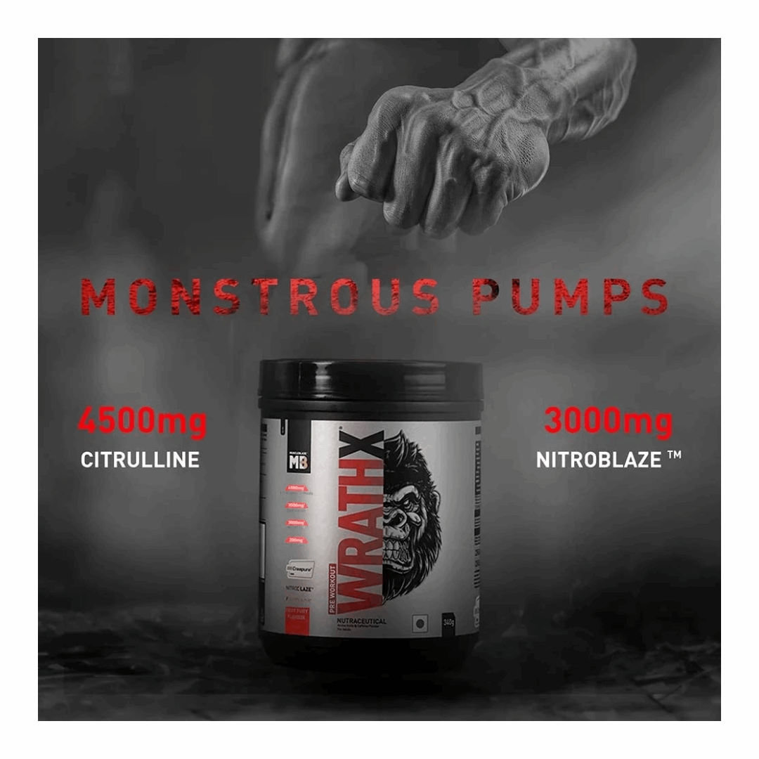 Supplement container with 'Monstrous Pumps' text and 'WrathX' branding on a dark background.