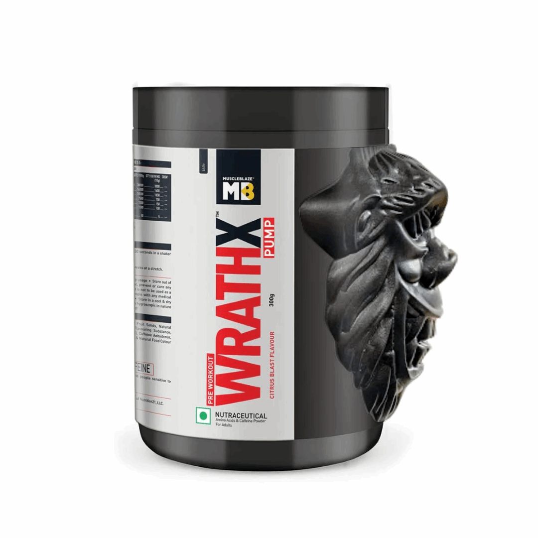 Supplement container labeled 'WrathX Pump' with a black and white design on a white background