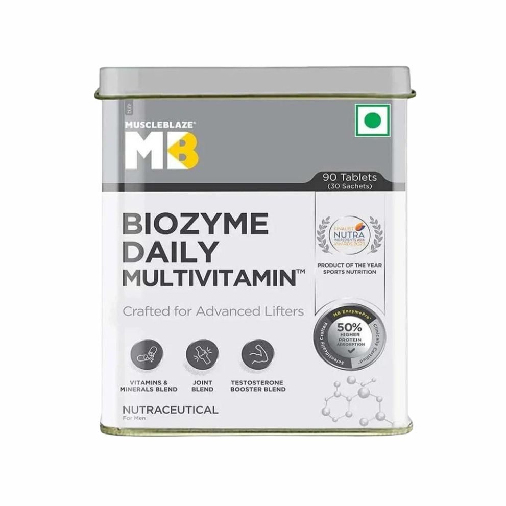Biozyme Daily Multivitamin packaging with MuscleBlaze logo on a white background