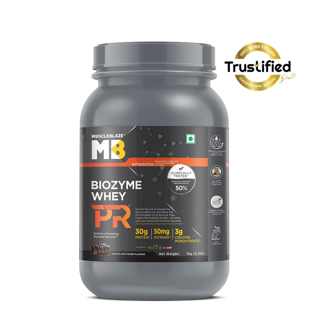 Gray container of MuscleBlaze Biozyme Whey PR with brand logo on a white background