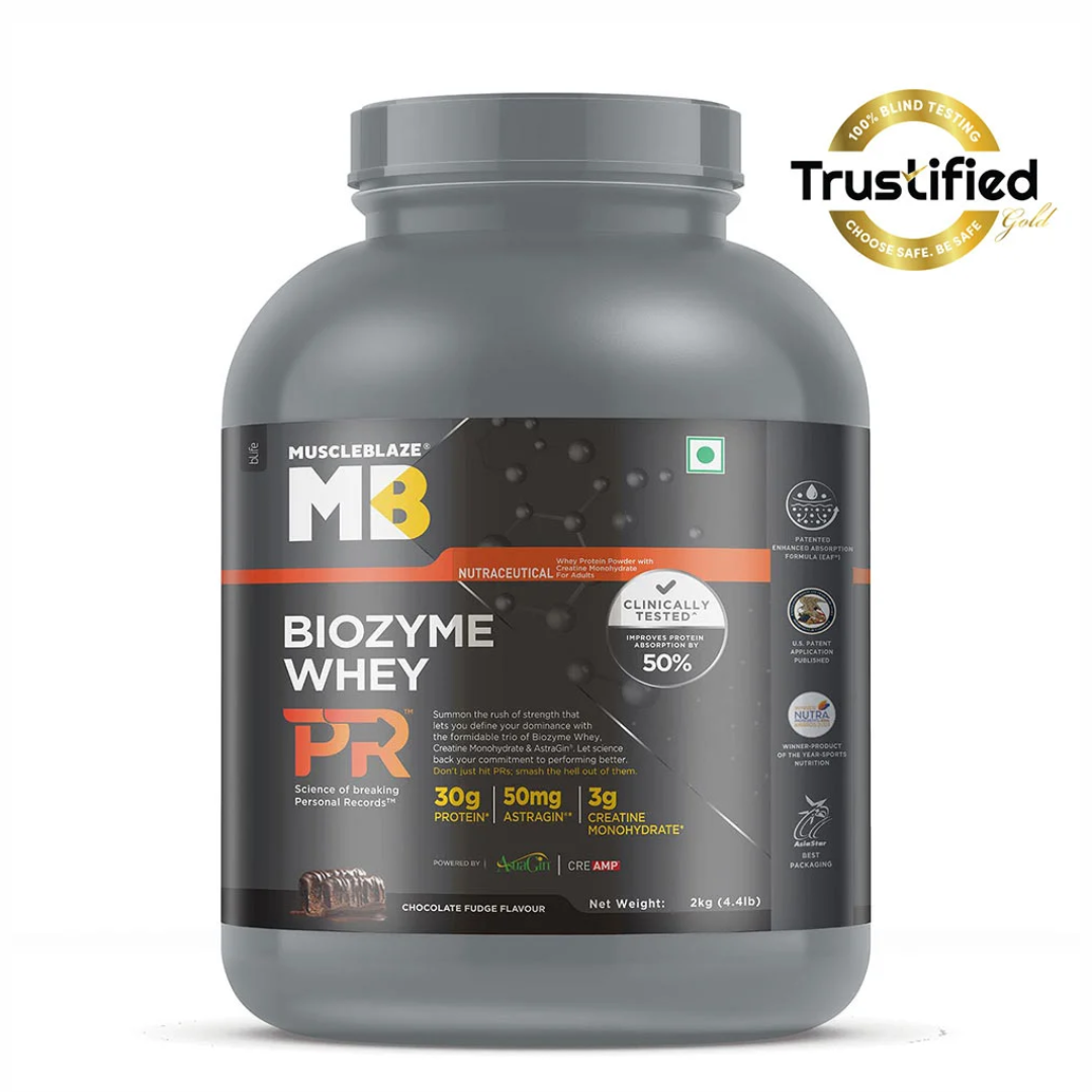 Gray container of MuscleBlaze Biozyme Whey PR with brand logo on a white background