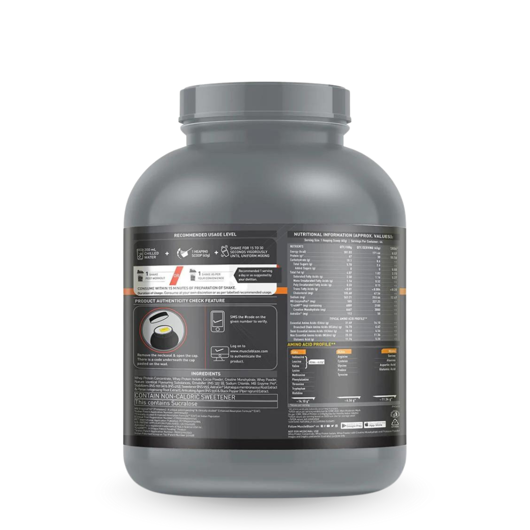 Gray protein supplement container with label on a white background