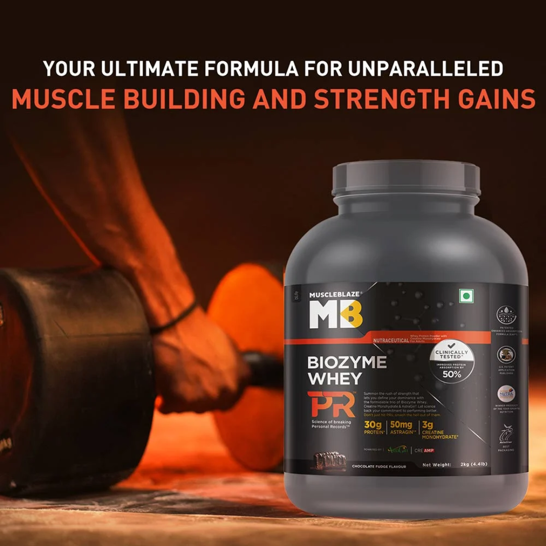 MuscleBlaze Biozyme Whey PR supplement container with a person lifting weights in the background