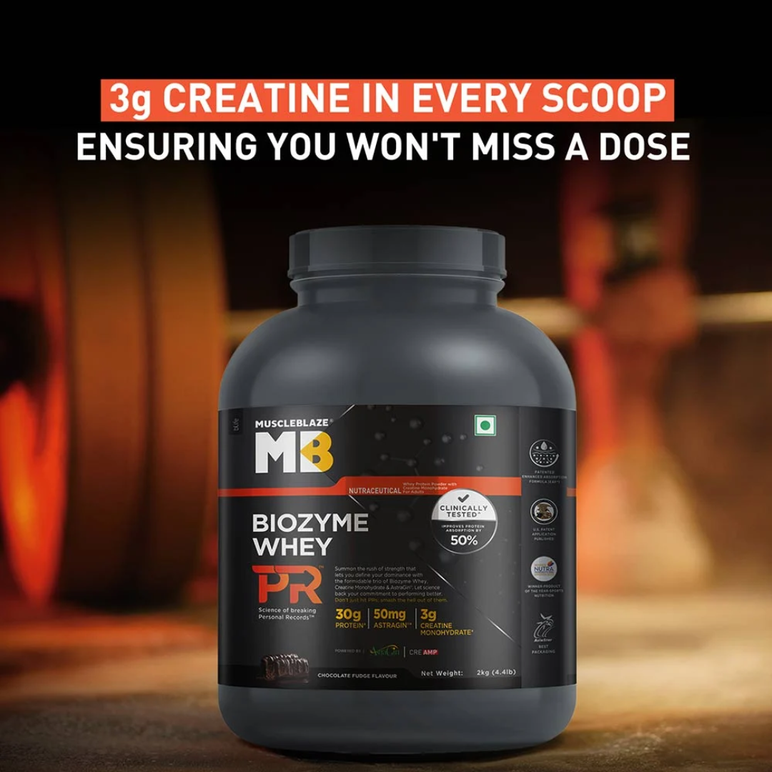 MuscleBlaze Biozyme Whey PR supplement container with promotional text on a blurred background