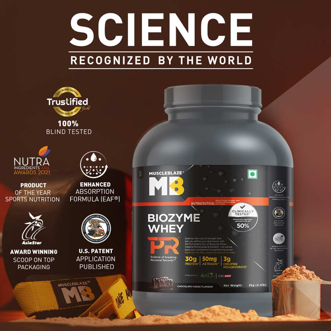 MuscleBlaze Biozyme Whey protein supplement with branding and certification logos on a brown background