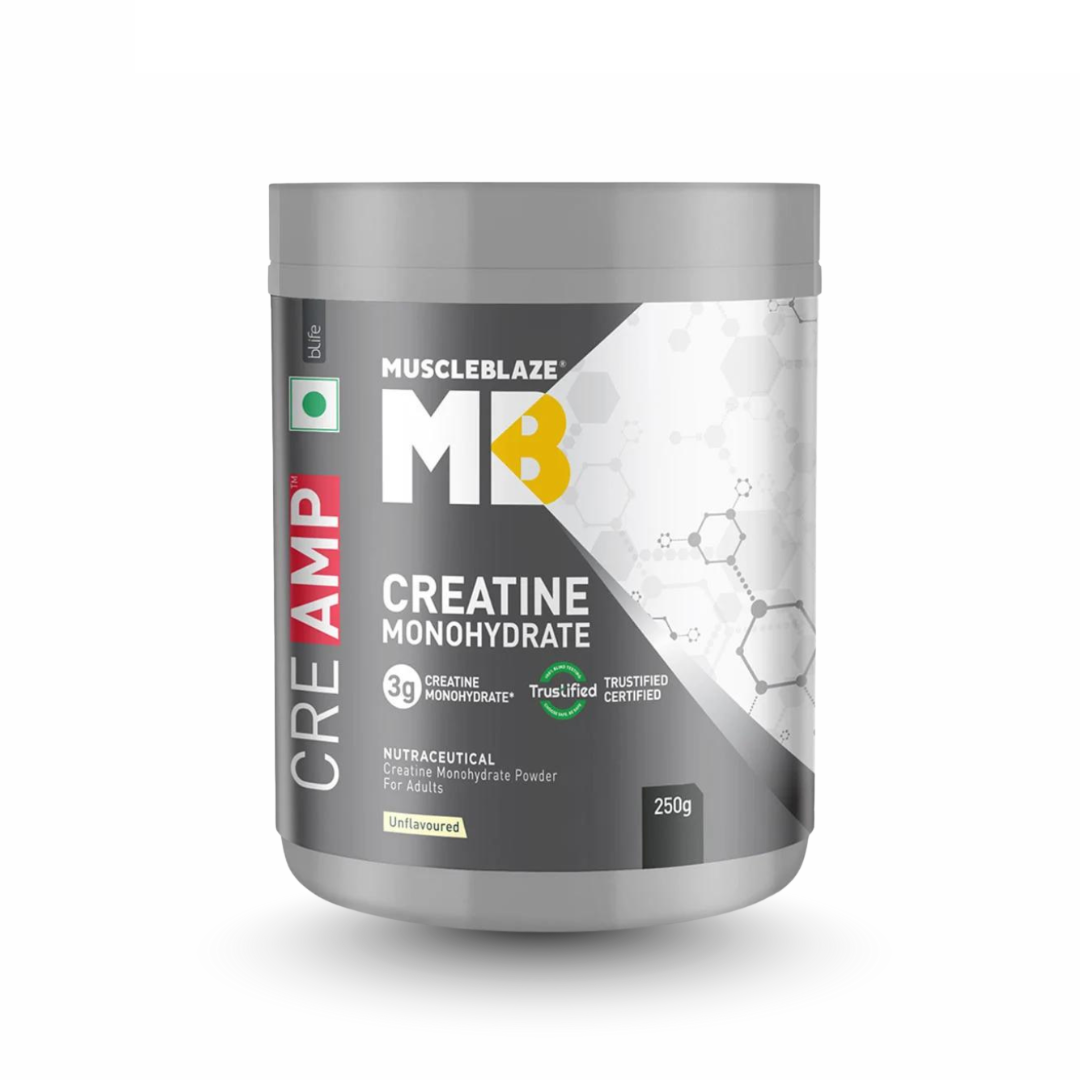 MuscleBlaze Creatine Monohydrate supplement container on a white background