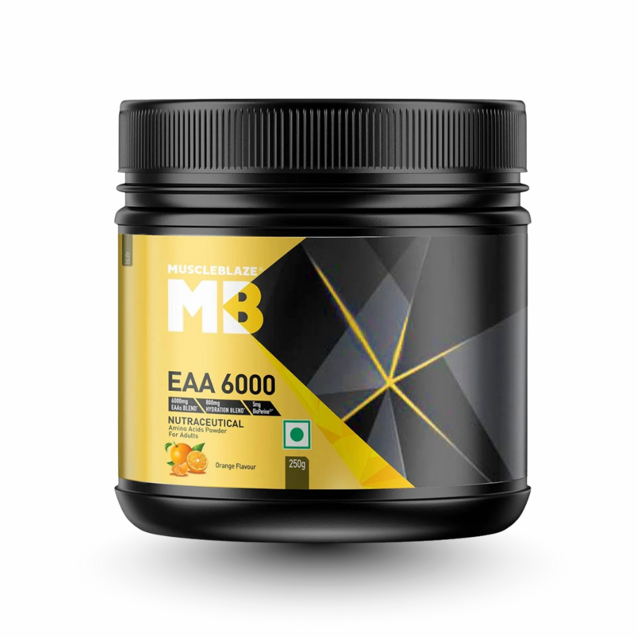 Black and yellow supplement container with 'MuscleBlaze' branding on a white background