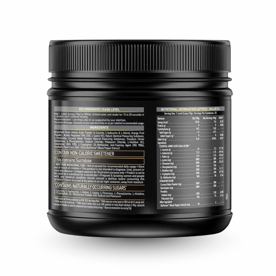 Black and yellow supplement container with 'MuscleBlaze' branding on a white background