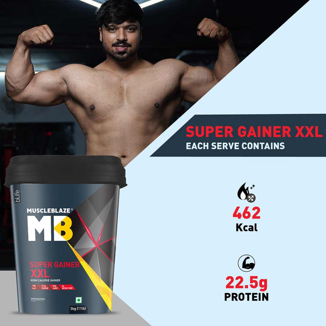 MuscleBlaze Super Gainer XXL container with a muscular man flexing muscles.