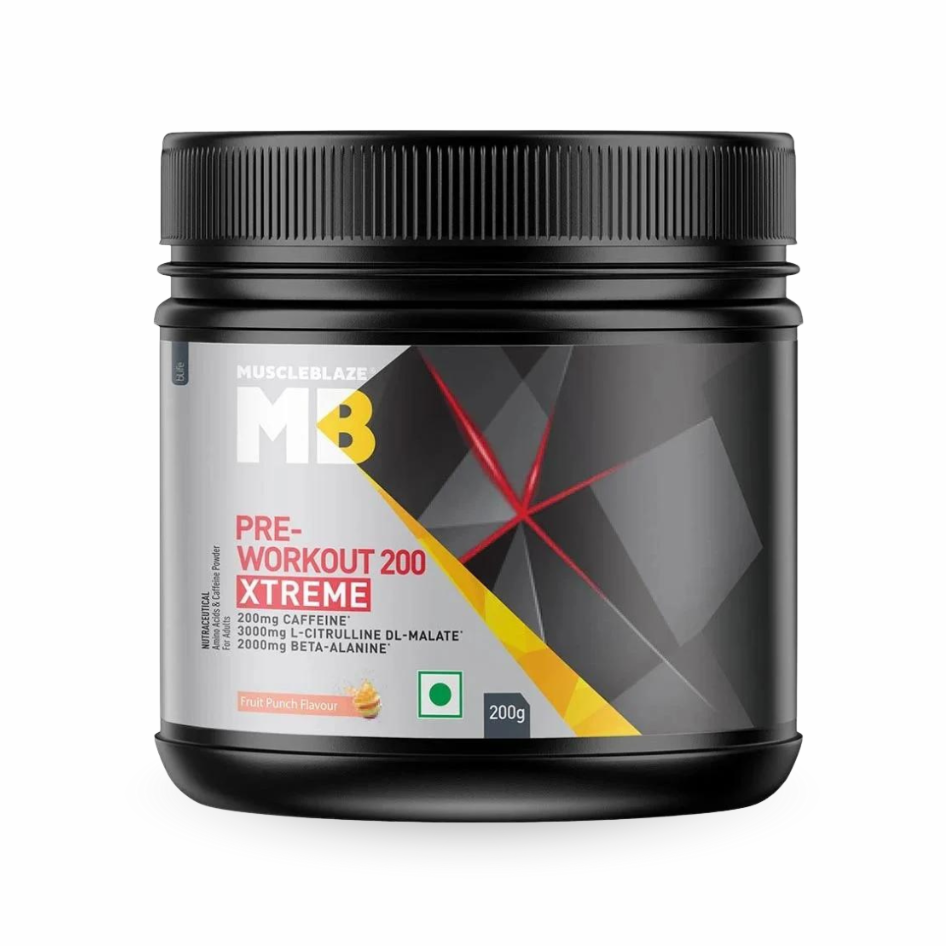 Pre-workout supplement container with black lid on a white background