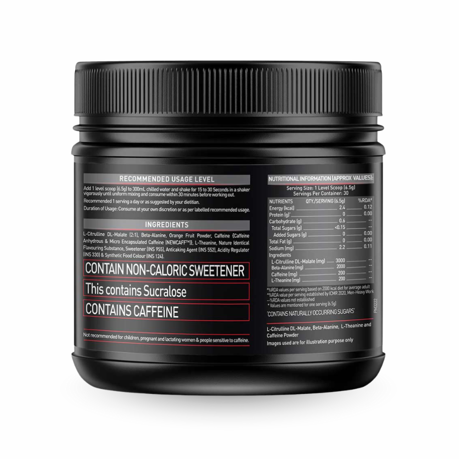 Black container with nutritional information and ingredient list on a white background