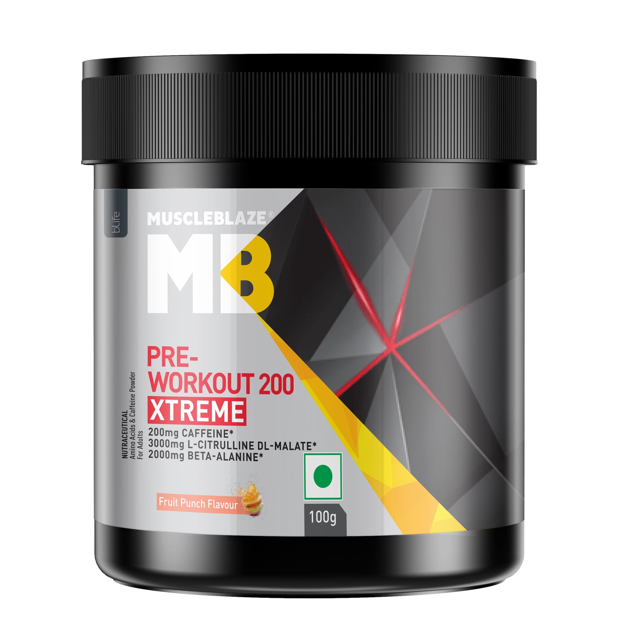 MuscleBlaze Pre-Workout 200 Xtreme supplement container on a white background
