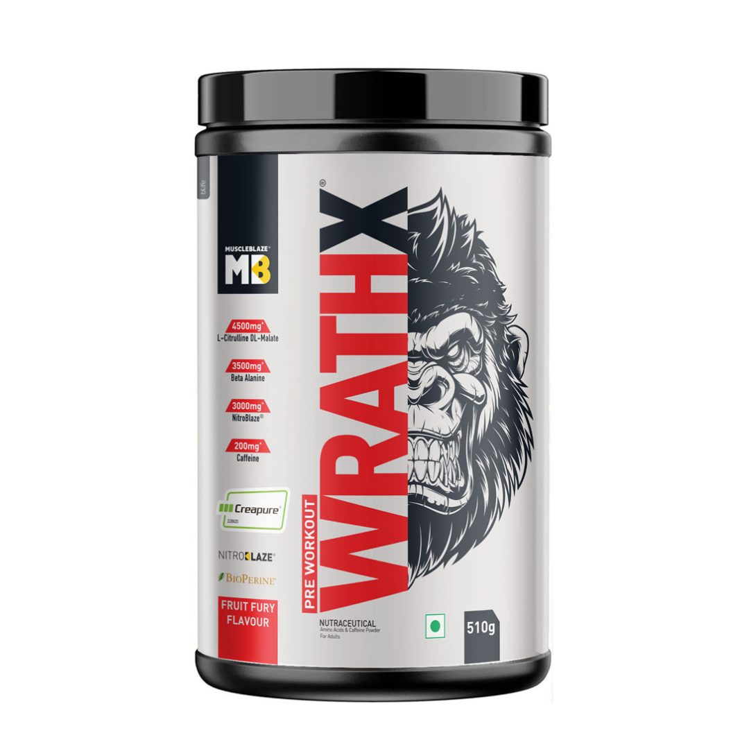 Pre-workout supplement container with 'WrathX' branding on a white background