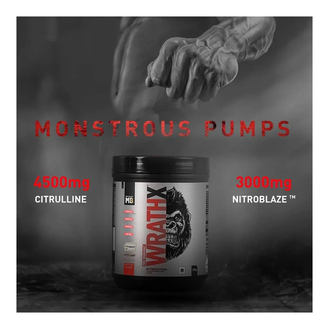 Supplement container with 'Monstrous Pumps' text and 'WrathX' branding on a dark background.