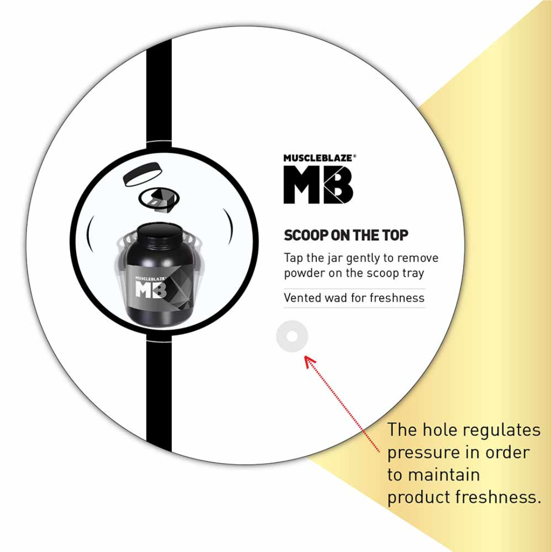 MuscleBlaze supplement container with instructions on how to use it.