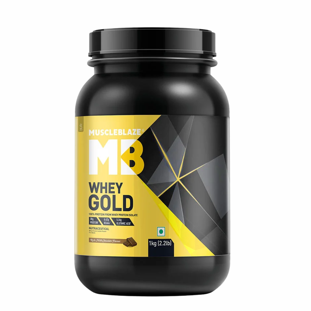 Black and yellow protein powder container with 'MuscleBlaze' branding on a white background