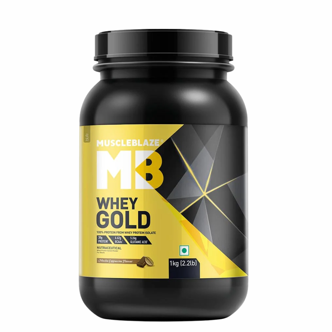 Black and yellow supplement container labeled 'MuscleBlaze Whey Gold' on a white background