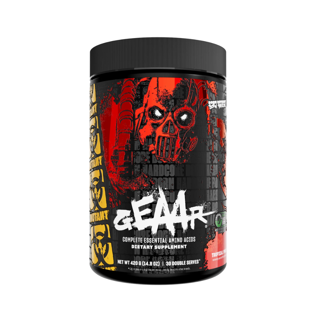 Supplement container with a skull design and 'GEAR' branding on a white background