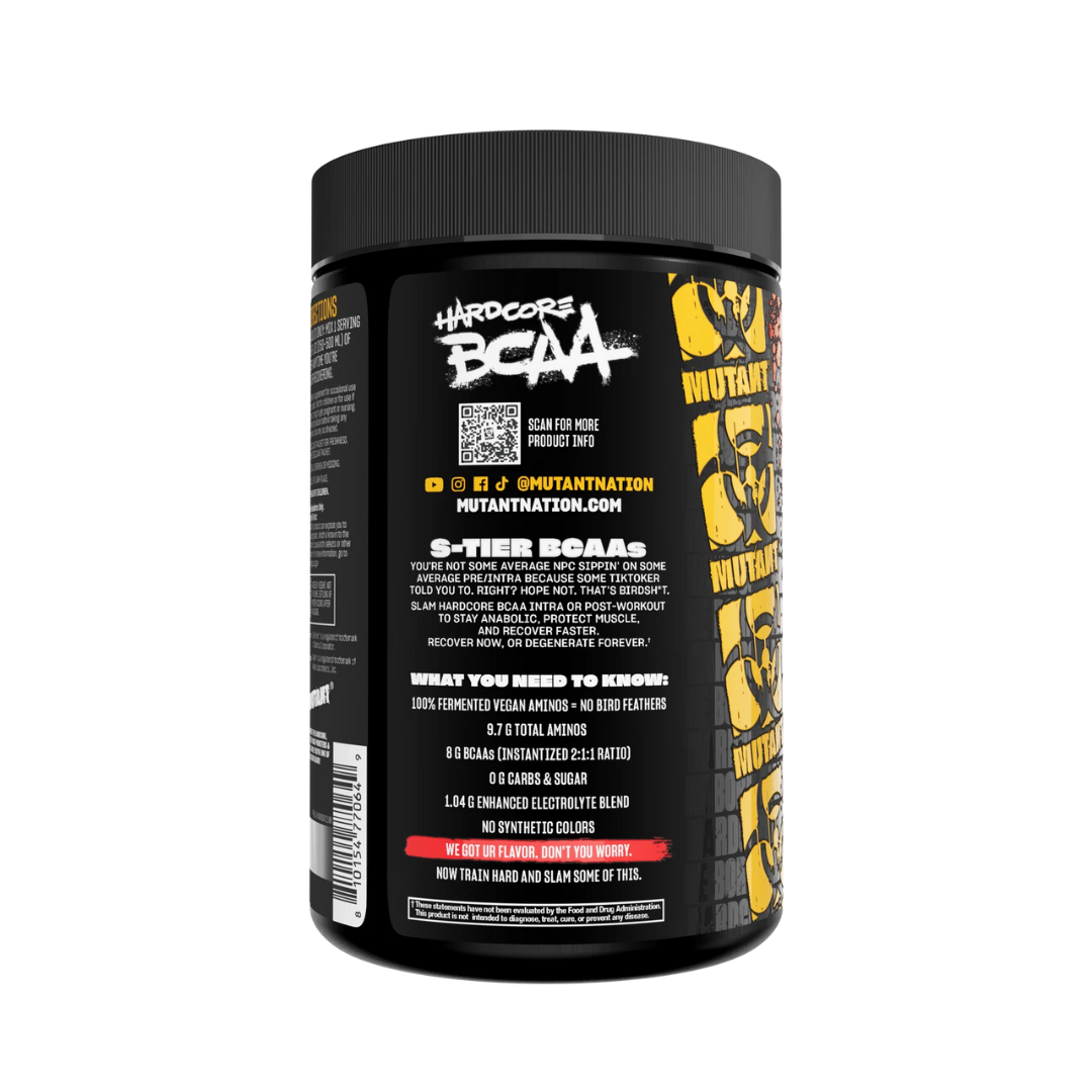 Black container of Mutant Hardcore BCAA supplement with yellow and white text on a white background