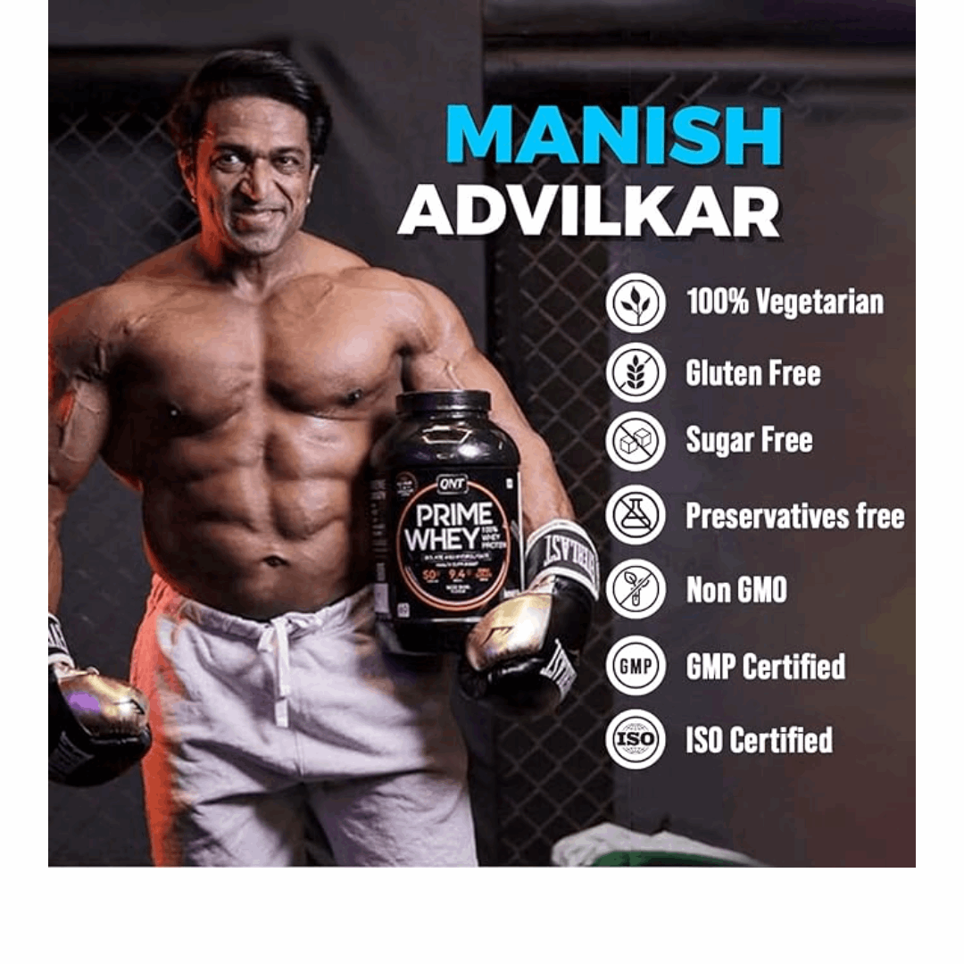 Man holding a protein supplement with certification logos on a dark background