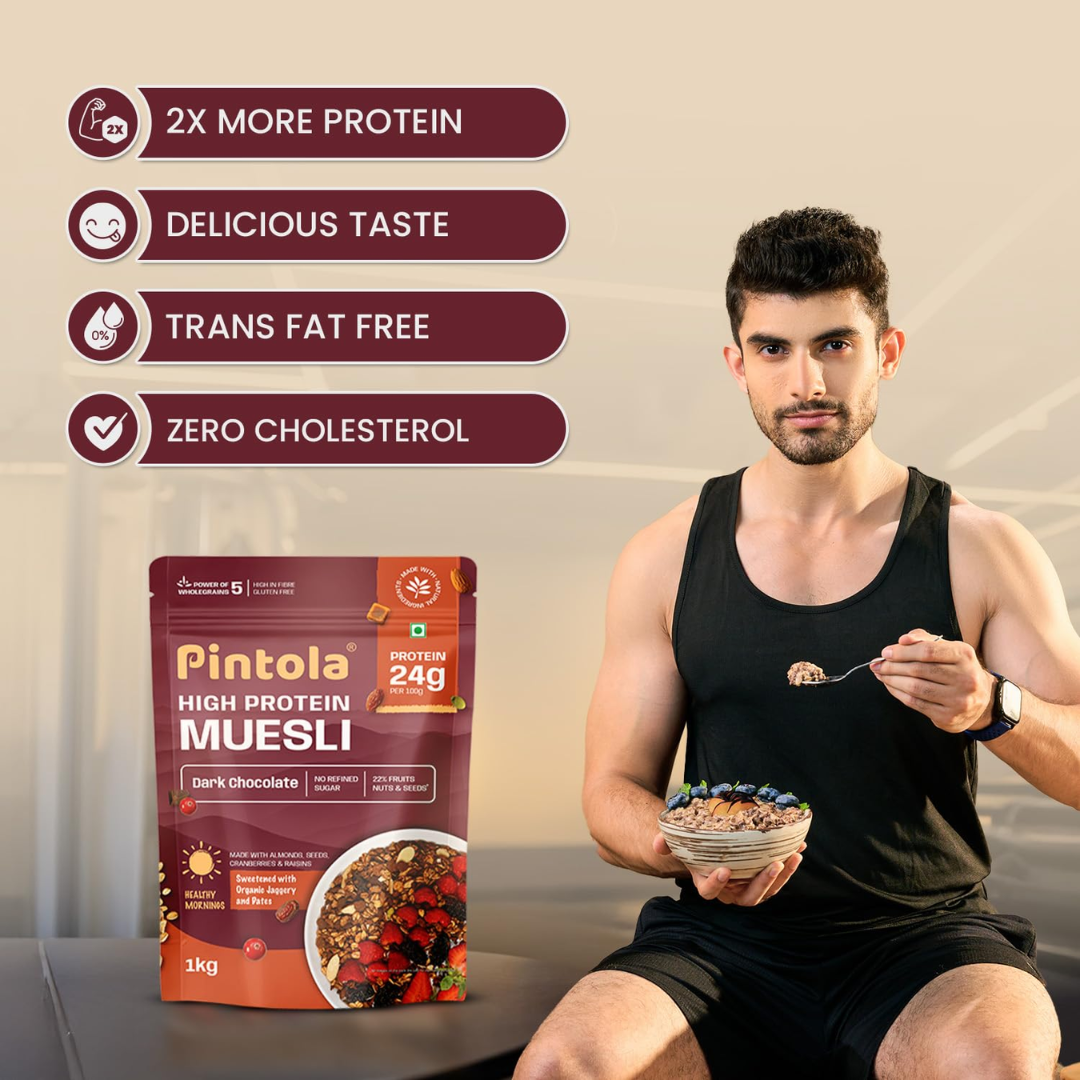 Man eating Pintola High Protein Muesli with product packaging and health benefits listed.