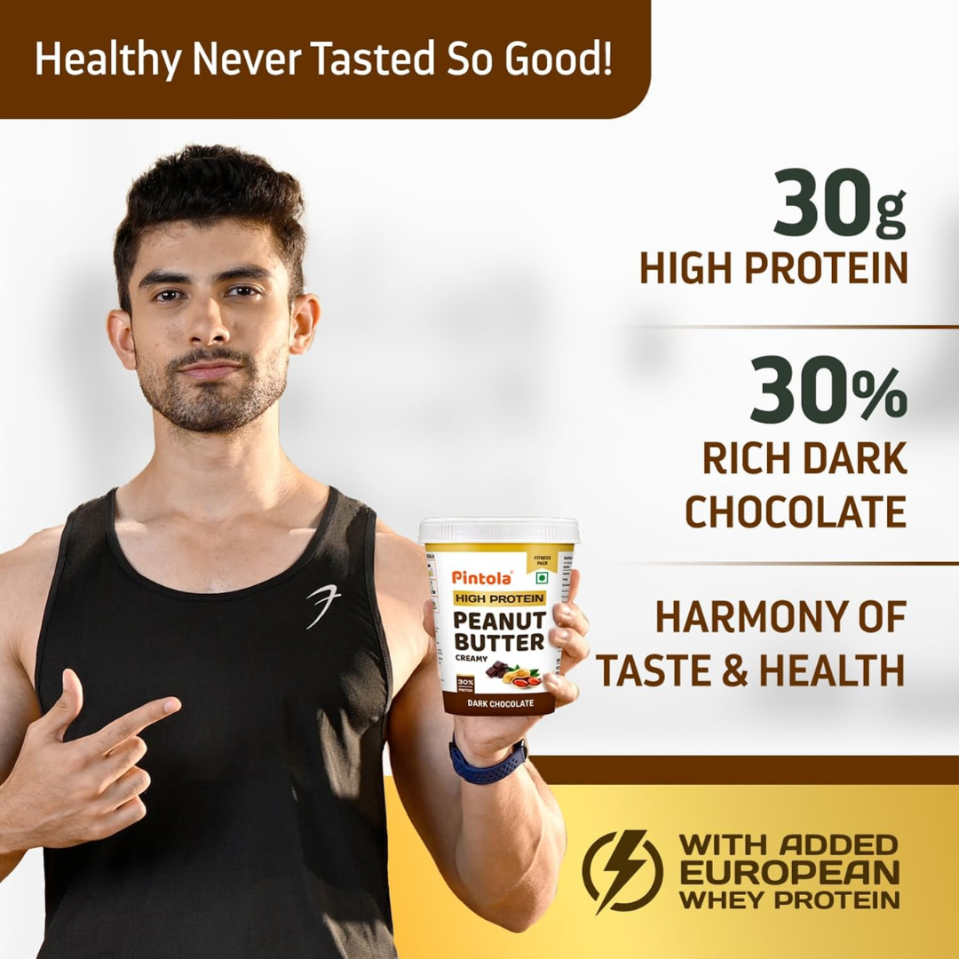 Man holding a container of Pintola High Protein Peanut Butter with product details on a white background